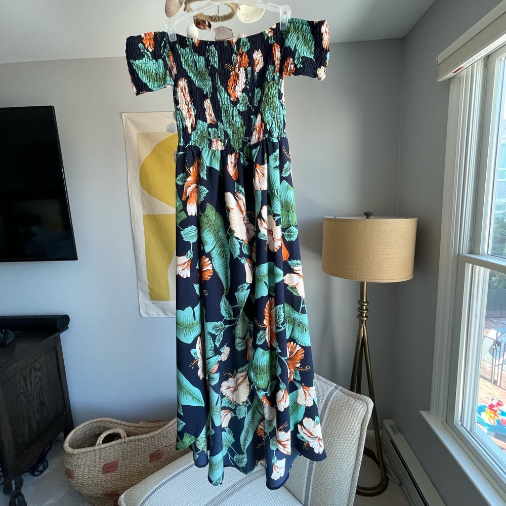 Cupshe Navy Floral Off-Shoulder Maxi Dress with Teal and Orange Accents